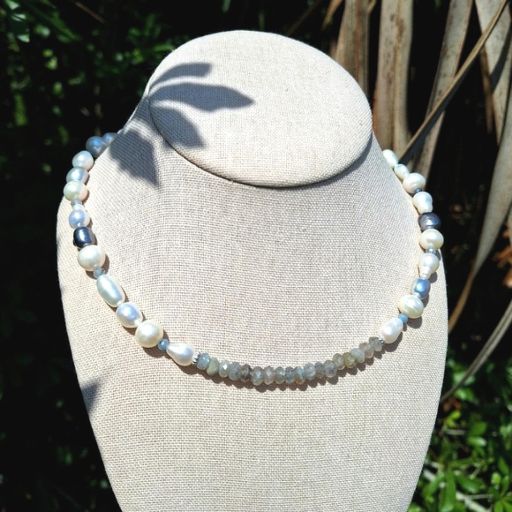 'Brizo' Freshwater Pearl, Aquamarine, Labradorite Necklace